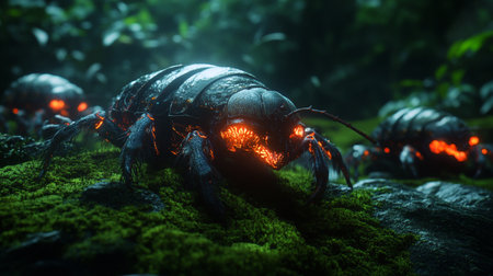 Black beetle on green moss. Halloween concept.