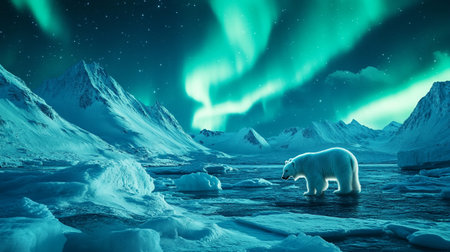 Polar bear in arctic landscape with aurora borealis. 3D rendering