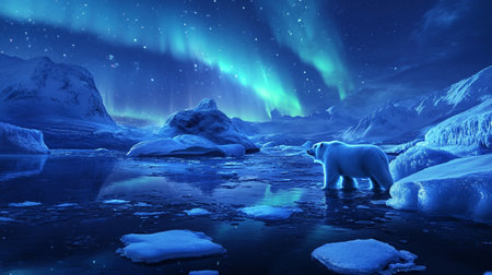 Arctic landscape with polar bear and aurora borealis. 3D rendering