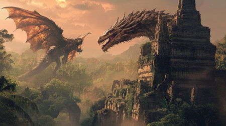 3D rendering of a fantasy dragon in the middle of the jungle