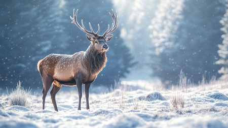 Majestic male red deer stag in winter landscape with snow and hoarfrost