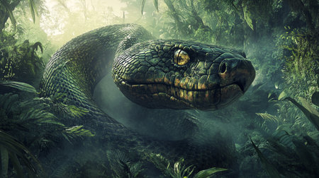 3D render of a reptile in a green jungle with smoke