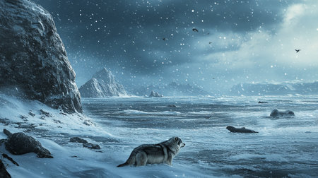 Fantasy winter landscape with a wolf. 3D Rendering.