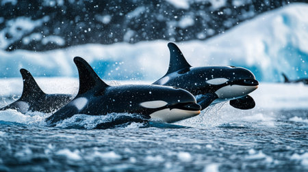 Two killer whales (orca orca) swimming in the ocean.の写真素材