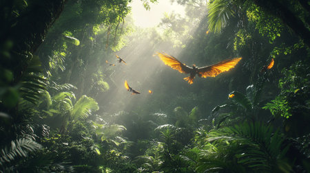 Pair of flying birds in the jungle, Bali island, Indonesia