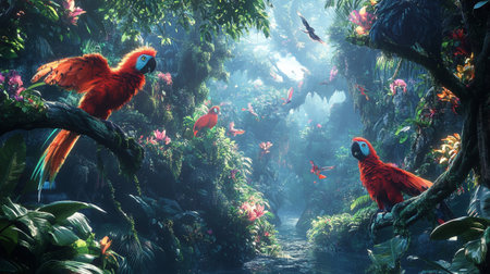 Beautiful parrots in a tropical forest. 3d rendering.