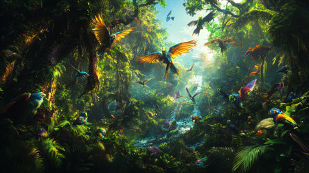 Colorful tropical rainforest with exotic birds. 3D Renderingの写真素材