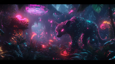 3D Illustration of a dark fantasy forest with a big bear