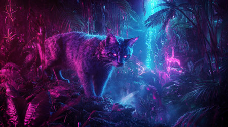 Fantasy dark forest with big cat in neon light. 3d rendering