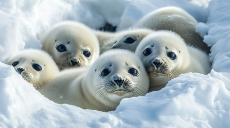 Baby seals on the ice floe, Antarctic Peninsula, Antarctica.の写真素材