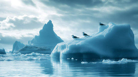 Icebergs and birds in the blue water. 3d rendering