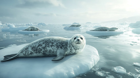 Seals on the ice floe in Antarctica. 3d render