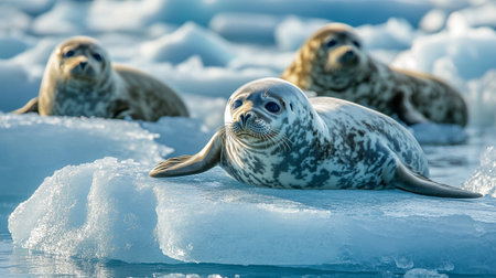seals on the ice in the antarctica by the ocean