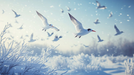 Seagulls flying in the blue sky. Winter landscape.