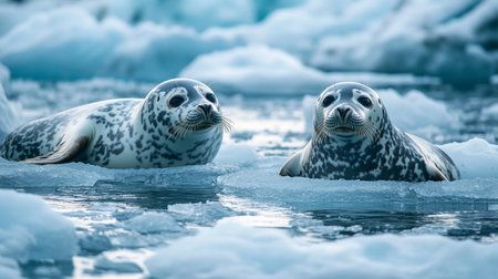 Baby seal and mother on the ice floe in Antarctic waters.の写真素材