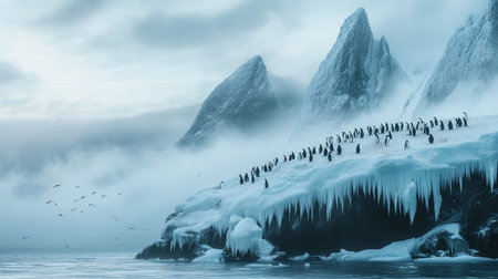 Penguins on the ice floe, Antarctic Peninsula, Antarctica