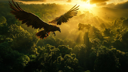 Golden Eagle (Haliaeetus albicilla) flying in the morning sunlight