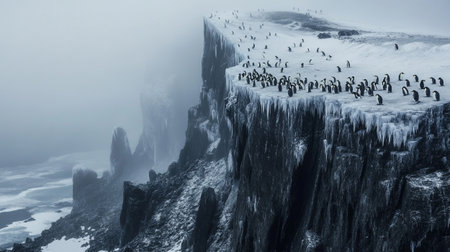 Penguin colony on the rocks in the Antarctic