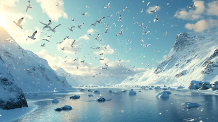 Fantasy winter landscape with flying seagulls. 3d rendering