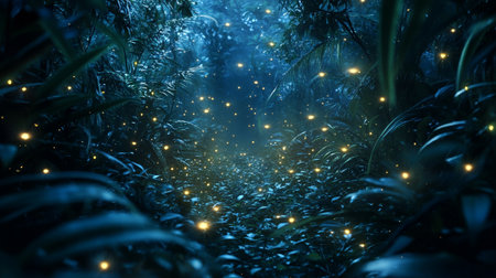 Fantasy dark forest with glowing neon lights. 3D Rendering