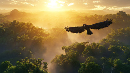 Flying vulture over the forest at sunset. 3d render.