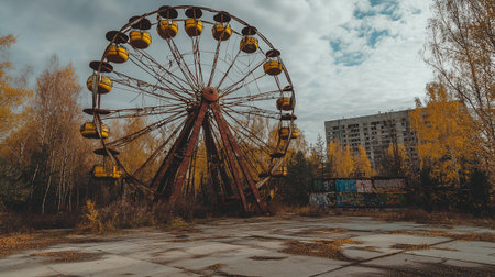 Old ferris wheel in the autumn park. Panoramic view.