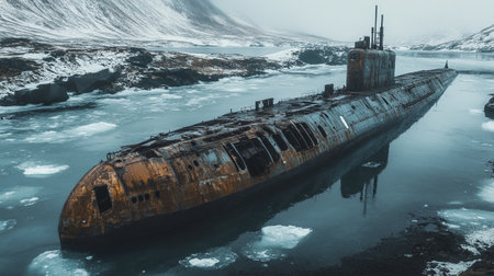 Abandoned submarine in the fjord. Toned.