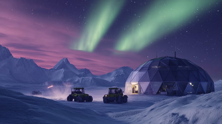 Aurora borealis over a tent in the mountains. 3D rendering