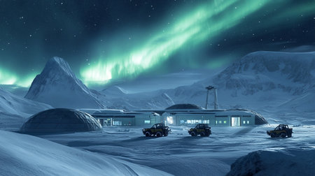 3D rendering of an arctic landscape with a green aurora