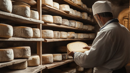 Cheese maker working in his bakery, he is checking quality of cheese