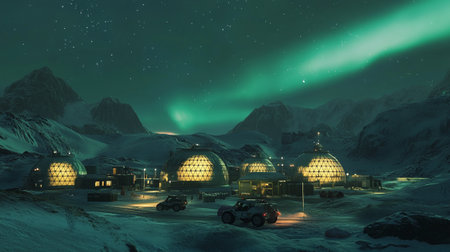 Aurora borealis over snowy mountains at night. 3D rendering