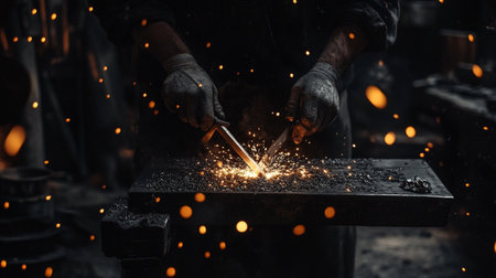 Industrial worker welding metal with sparks, close-up. Metal industry