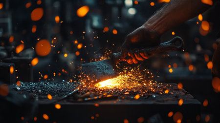A man working in a blacksmith's forge. Sparks fly out of the furnace.