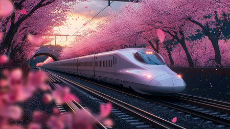 High-speed train with cherry blossom in the background. 3d rendering