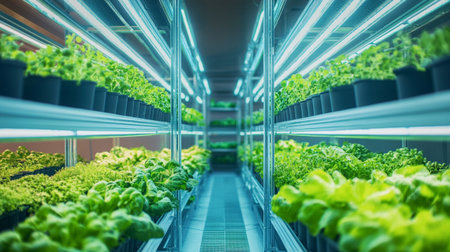 Organic hydroponic vegetable cultivation farm with LED light. Selective focus.