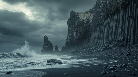 Landscape with black sand beach and cliffs.