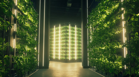 3D render of a corridor with green plants and neon lights.