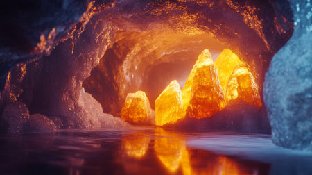 3d illustration of ice cave with light and water reflection in itの写真素材