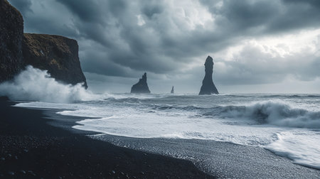 Black sand beach Reynisfjara in Iceland. Toned.