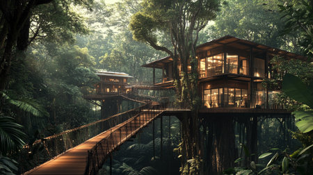Wooden bridge in the jungle with a beautiful wooden house. 3d rendering
