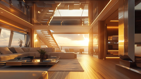 3d rendering of modern living room with sea view and sunset.の写真素材