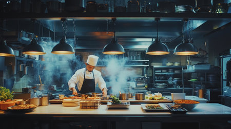 Chef cooking in the kitchen of a restaurant. The concept of a healthy lifestyle.
