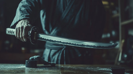 Close-up of the hands of a man who is holding a Japanese sword.