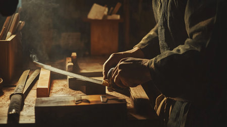 Close-up of a carpenter working on a wooden plank in his workshop