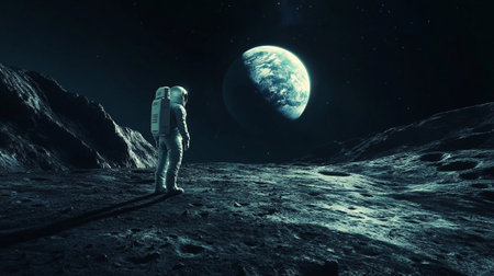 Astronaut on the moon surface. Mixed media. Mixed media