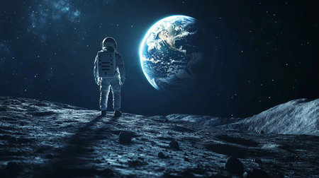 Astronaut on the moon surface. Mixed media. Mixed media