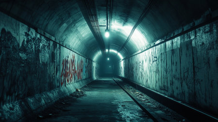 Dark abandoned underground tunnel with graffiti on the walls. 3d renderingの写真素材