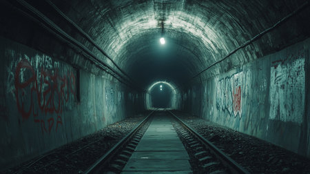 Abandoned railway tunnel with graffiti on the wall. 3d rendering