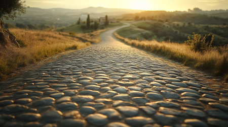 Cobblestone road at sunset in Tuscany, Italy