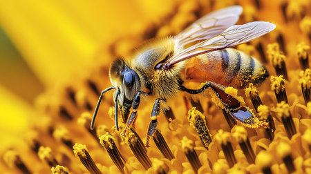 Close-up of a bee on a sunflower. Macro.